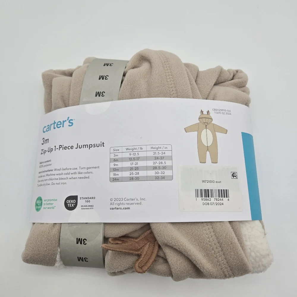 NEW Carters Hooded Sherpa Reindeer Zip Up 1 Piece Jumpsuit Infant Size 3M